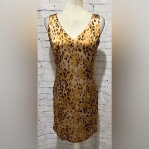 Blushe Impressions Cocktail Dress • Gold Brown Leopard Print 100% Silk • Size 6